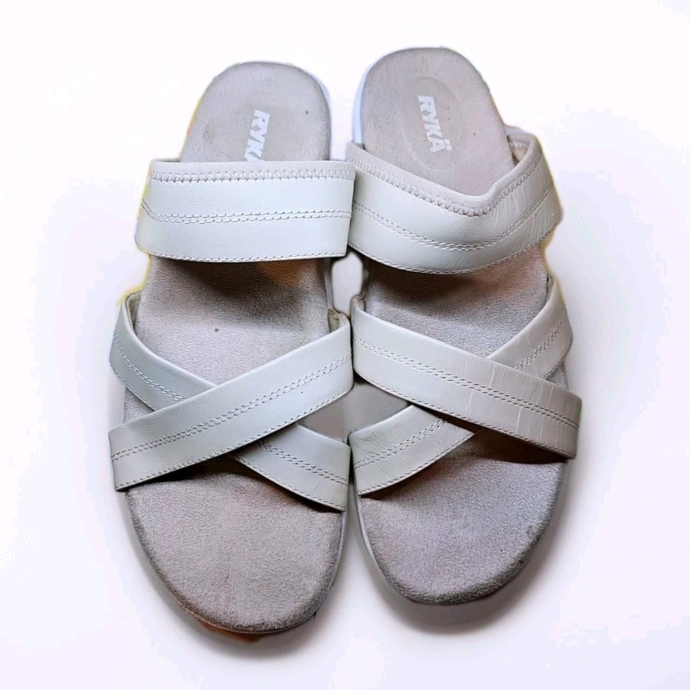 Ryka Leather Cross Strap Cushioned Slides Ivory Sandals Sz 9 Comfort Shoes #473